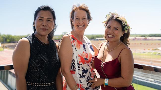 Liza Roughley and Theresa Baruffi and Noi Melbourne at the 2023 Darwin Cup Carnival Guineas Day. Picture: Pema Tamang Pakhrin