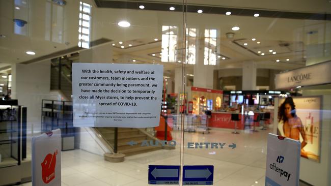 The streets of Sydney's CBD remain near empty as workers and shoppers stay home due to the coronavirus pandemic closing many businesses and employees working from home. An empty Myer Pitt St mall store that is now closed to the public. Picture: Toby Zerna