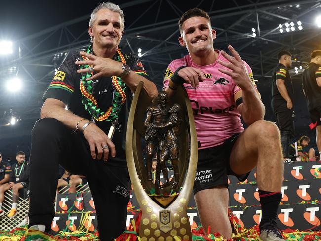 Ivan and Nathan Cleary after the Panthers won their fourth title in a row. Picture: Getty Images