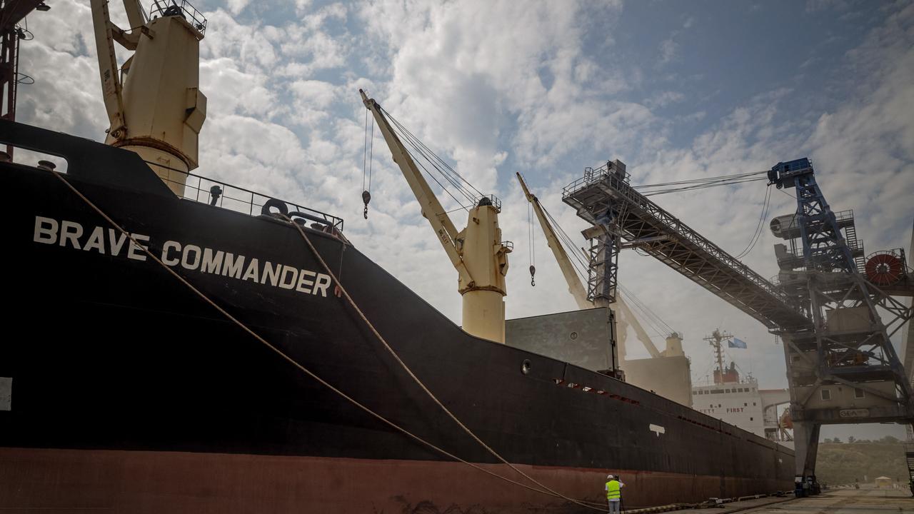 UN-chartered vessel MV Brave Commander loads more than 23,000 tonnes of grain at the Black Sea to export to Ethiopia. Russia has backed out of a deal allowing the grain exports. Picture: Oleksandr Gimanov/AFP