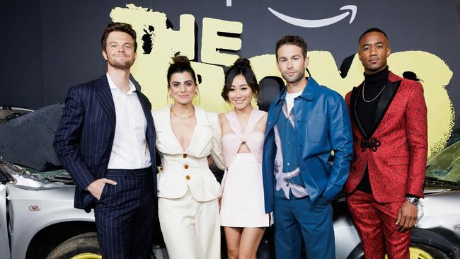 The Boys cast Jack Quaid, Claudia Doumit, Karen Fukuhara, Chace Crawford and Jessie T. Usher. Picture: Amazon Prime Video