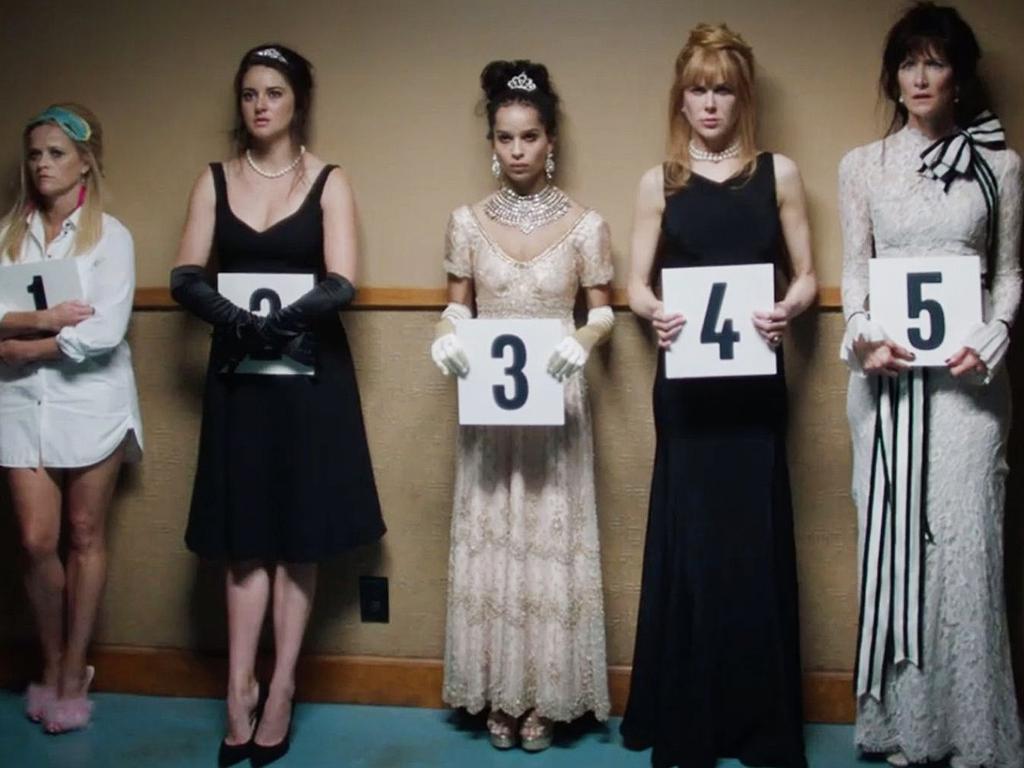 A teaser from season two: Madeline (Reese Witherspoon), Jane (Shailene Woodley), Bonnie (Zoe Kravitz), Celeste (Nicole Kidman) and Renata (Laura Dern) in a police line-up — still wearing their clothes from the party that ended season one.