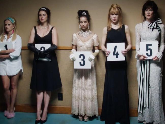 A teaser from season two: Madeline (Reese Witherspoon), Jane (Shailene Woodley), Bonnie (Zoe Kravitz), Celeste (Nicole Kidman) and Renata (Laura Dern) in a police line-up — still wearing their clothes from the party that ended season one.