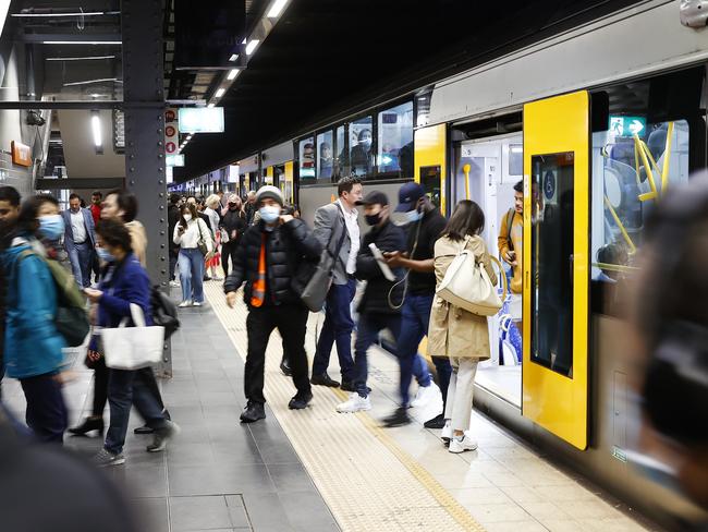 DAILY TELEGRAPH 30TH AUGUST 2022Pictured are passengers at Town Hall Station.Sydney is continuing to experience delays on some train lines due to the ongoing strike action by staff.Picture: Richard Dobson