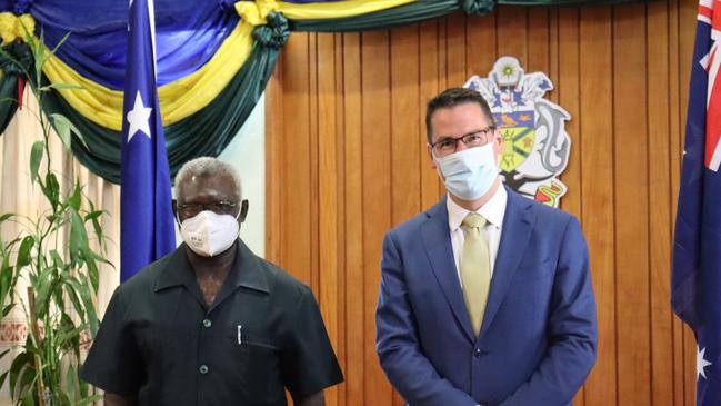 Solomon Islands Prime Minster Manasseh Sogavare (L) and Minister for International Development and the Pacific Zed Seselja pictured together in the Solomon Islands capital Honiara.