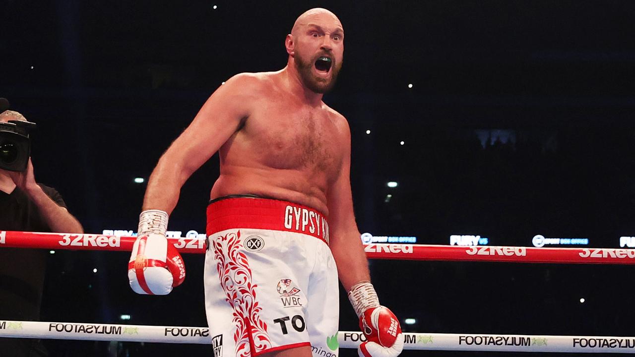 LONDON, ENGLAND - APRIL 23: Tyson Fury reacts to victory after the WBC World Heavyweight Title Fight between Tyson Fury and Dillian Whyte at Wembley Stadium on April 23, 2022 in London, England. (Photo by Julian Finney/Getty Images)