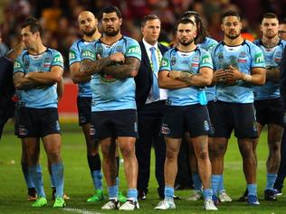 BRISBANE, AUSTRALIA - JULY 12:  Blues players look dejected after game three of the State Of Origin series between the Queensland Maroons and the New South Wales Blues at Suncorp Stadium on July 12, 2017 in Brisbane, Australia.  (Photo by Cameron Spencer/Getty Images)