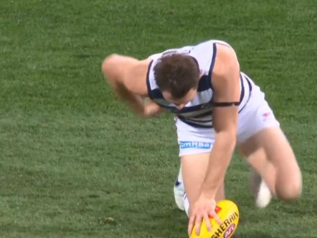 Patrick Dangerfield feels for his side after the hit. Picture: Fox Sports