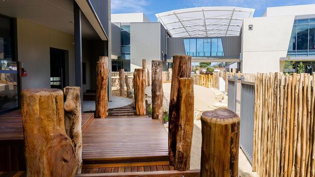 The preschool play area, and the bridge connecting “learning neighbourhood” buildings at the new McAuley Community School at Hove.