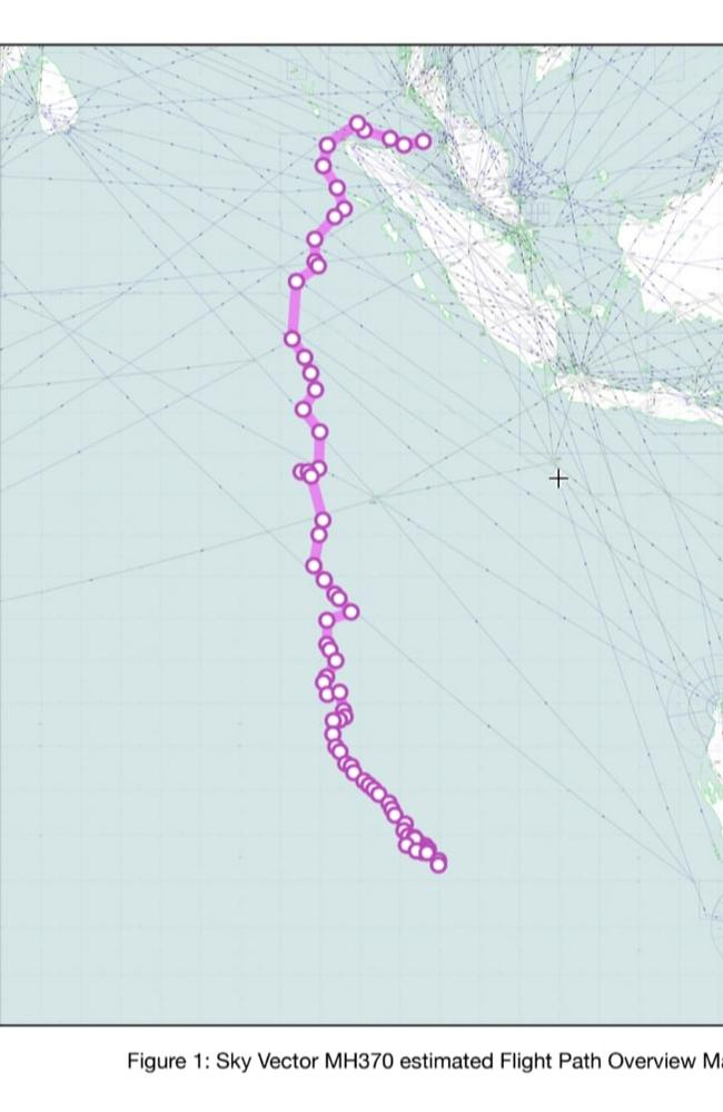 Estimated MH370 flight path, with the island of Sumatra in the top right. Picture: Supplied