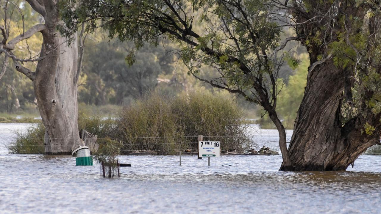 Flood waters cover part of the Morgan Cadel Golf Club fairways. Picture: Brenton Edwards