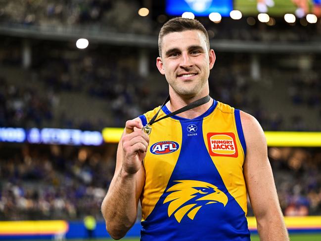 Elliot Yeo was named the Glendinning Allen Medal winner in Saturday night’s derby. Picture: Daniel Carson/AFL Photos via Getty Images.