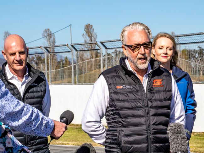 Shane Howard addresses the media in his previous role as chief operating officer of Supercars, at Symmons Plains, Tasmania, in April 2021. Picture: Angryman Photography