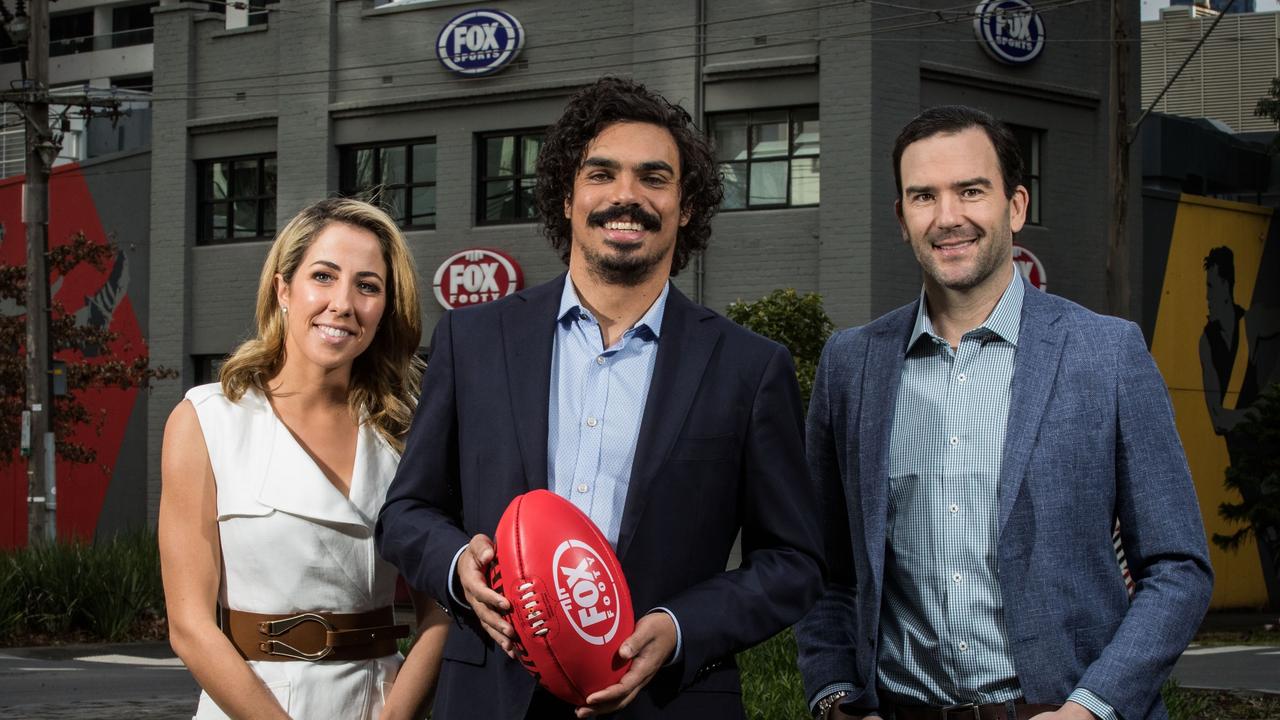 AUGUST 3, 202. Kath Loughnan, Tony Armstrong and Jordan Lewis pose for a photo outside the Fox Footy Studios on August 3 2021. Melbourne, Australia. (Photo by Darrian Traynor)