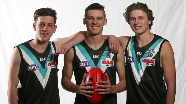 Port Adelaide’s talented 2018 draft trio Zak Butters, Connor Rozee and Xavier Duursma. Picture: Michael Klein