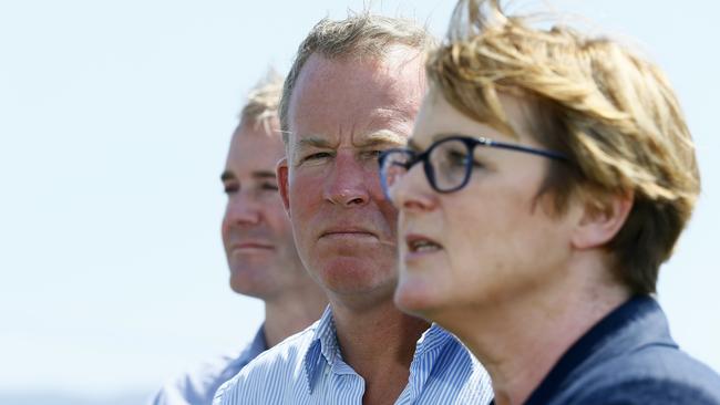 Emergency Services minister Michael Ferguson, left, Premier Will Hodgman and federal Assistant Minister for Home Affairs, Linda Reynolds, announcing bushfire disaster assistance at Huonville yesterday. Picture: MATT THOMPSON