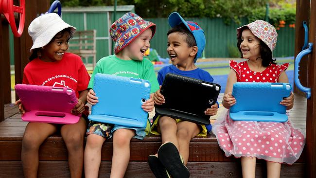 Tabitha Kulendran, Riley Wilson, Arjun Pandya and Aaliya Agarwal, of Chermside Early Education Centre and Preschool, have enjoyed taking part in the languages pilot program. Picture: Mark Calleja