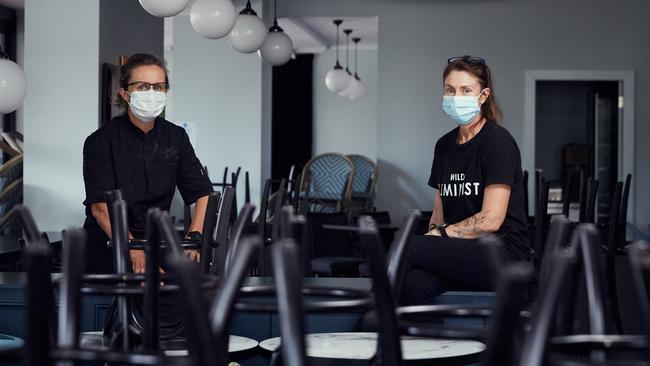 Simone Hawke and Leah Morphett in their shut-down venue in Orange in central-west NSW. Picture: Graham Schumann