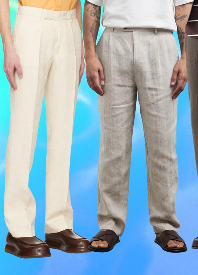 Men's Linen Pants Beige Straight Loose Formal Trousers Men Office