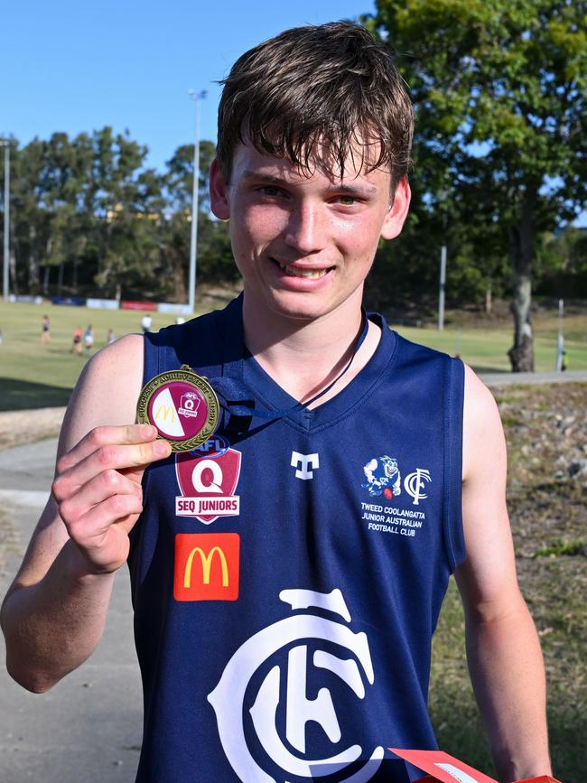 Oscar Saines of Tweed Coolangatta Blues won the best on ground for the Under 15 Boys Div 2 grand final for SEQJ Gold Coast Northern Rivers: Picture: Supplied