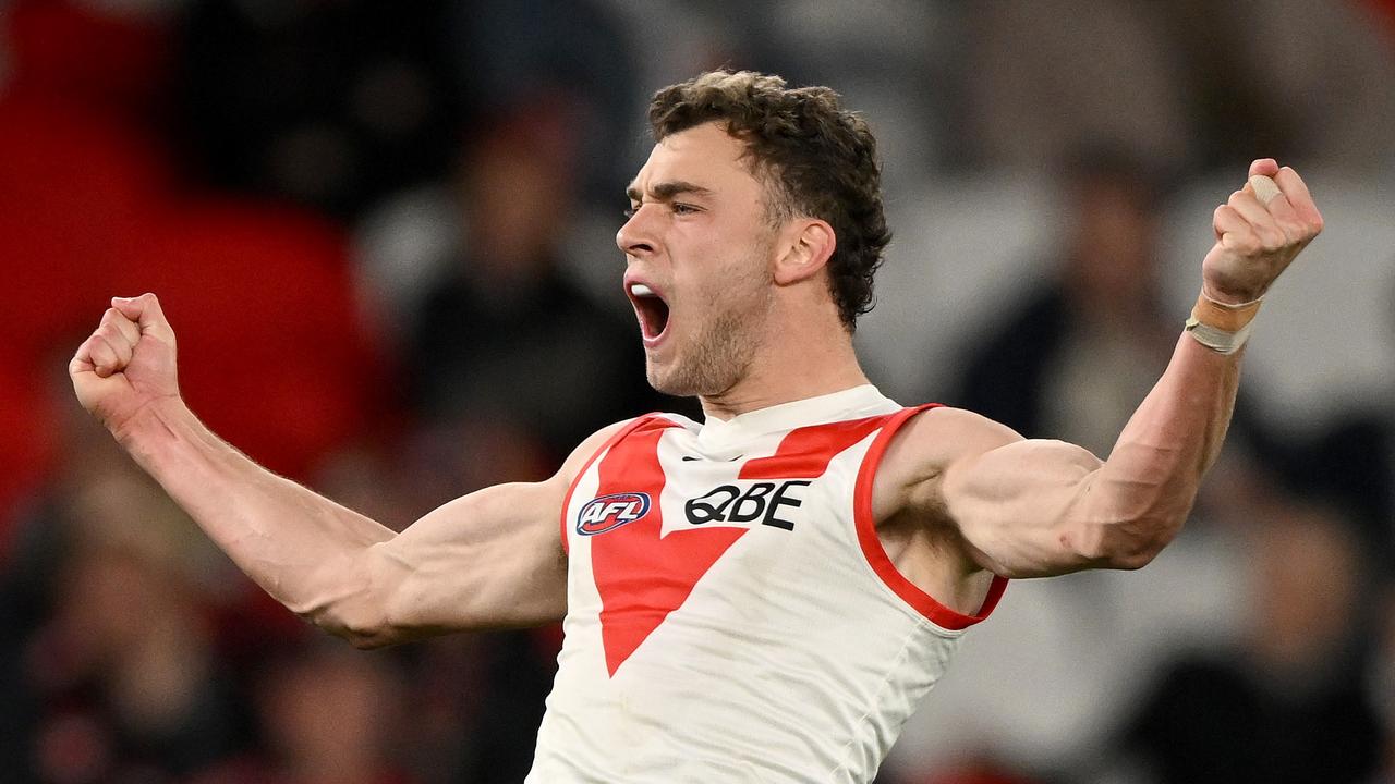 Will Hayward celebrates a goal. Picture: Morgan Hancock/AFL Photos/via Getty Images