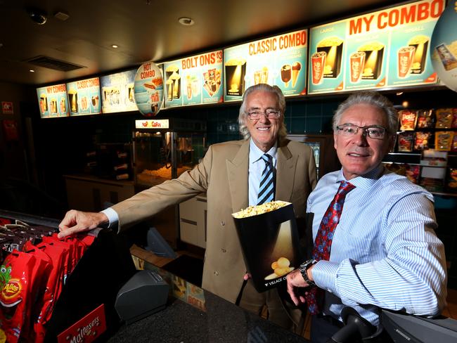 Graham Burke and Robert Kirby, Co-Chairman and Co-Chief Executive Officers of Village Roadshow at the candy bar in The Jam Factory Cinemas in South Yarra, Melbourne. Picture: David Geraghty 