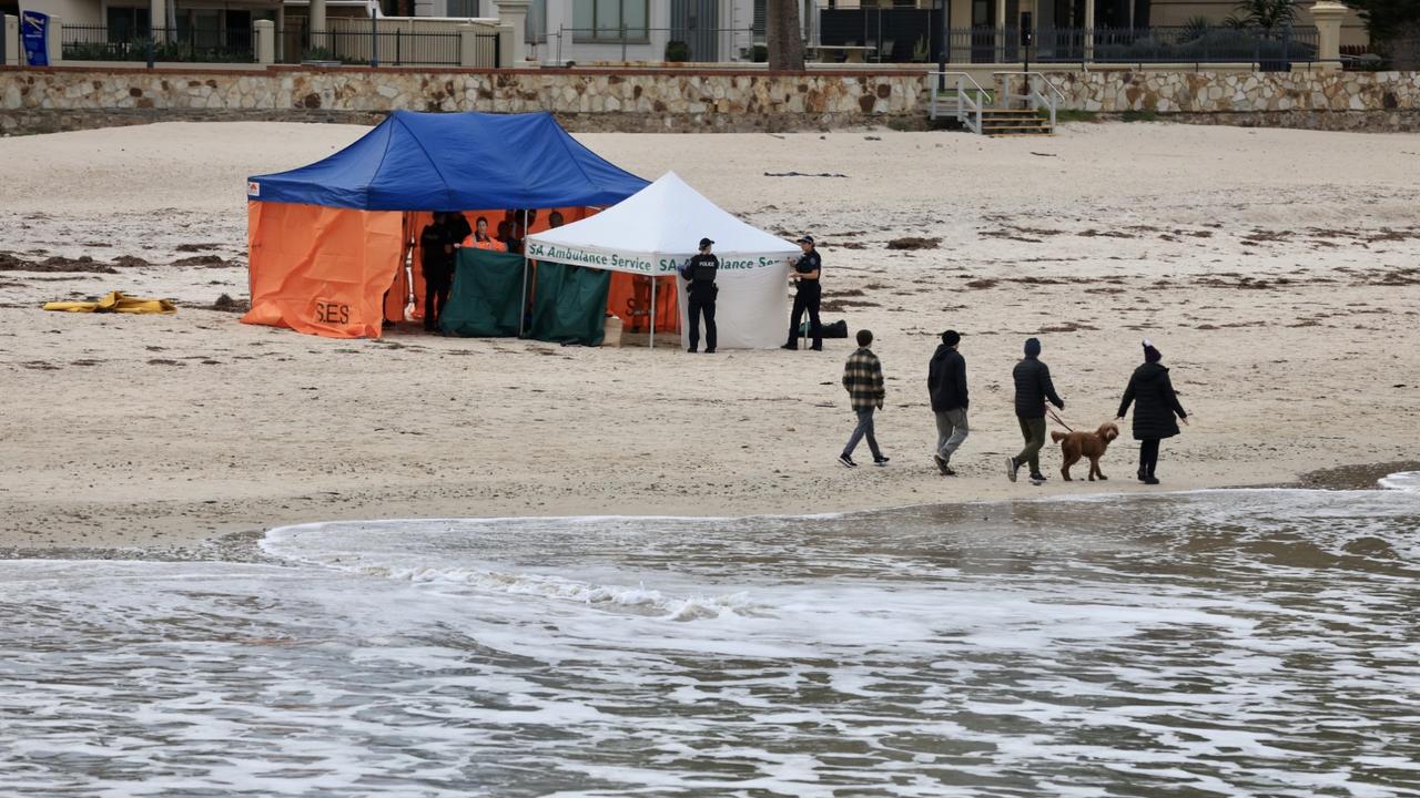 Emergency services are at the scene of an incident at Glenelg in Adelaide after a body was found near the Glenelg Jetty. Picture: NCA NewsWire / Kelly Barnes