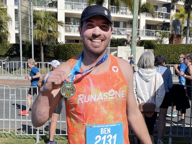 Journalist Ben Hyde after competing in the Gold Coast Marathon. Picture: Supplied