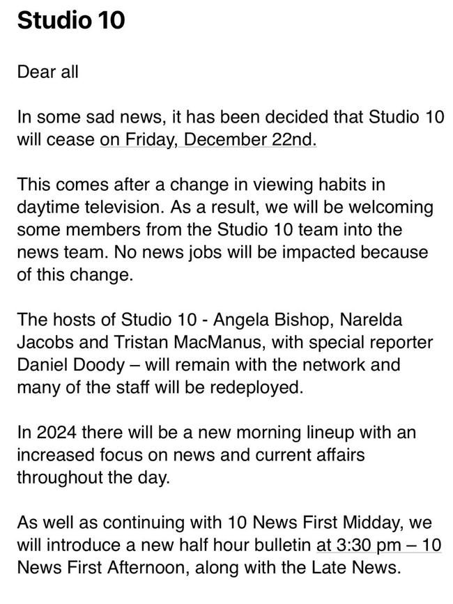 The email sent to Channel 10 staff members.