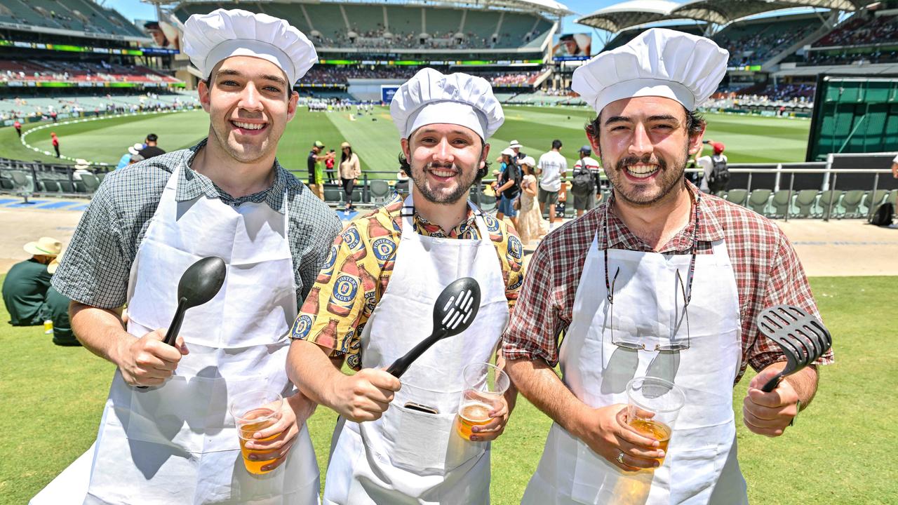 DECEMBER 7, 2024: Ben McKenna, Finn Harrison and Declan Easton during the second day of the second test at Adelaide Oval. Picture: Brenton Edwards