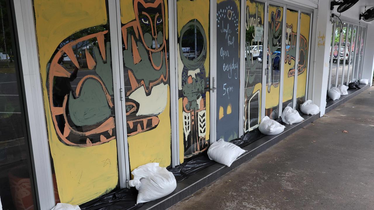 Sandbagged shop at Port Douglas in preparation for cyclone Jasper’s arrival. Picture: Liam Kidston