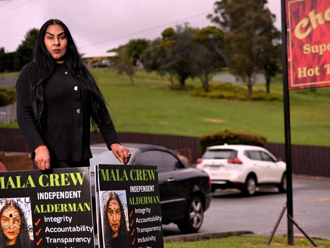 Glenorchy Council candidate Mala Crew says she's has copped vicious racial vandalsim since the elections began. Picture: Kenji Sato