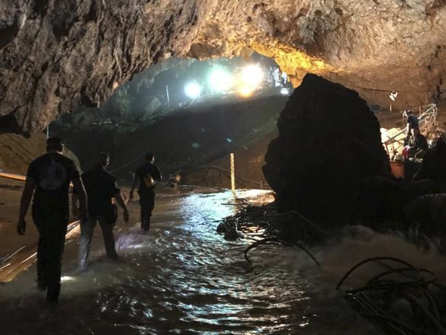 This photo tweeted by Elon Musk shows efforts underway to rescue trapped members of a youth soccer team from a flooded cave. Picture: Elon Musk