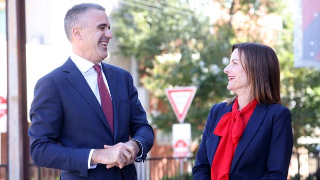 A relaxed Peter Malinauskas shares a joke with the Labor Candidate for Dunstan, Cressida O'Hanlon, on Friday. Picture: NCA NewsWire/Kelly Barnes