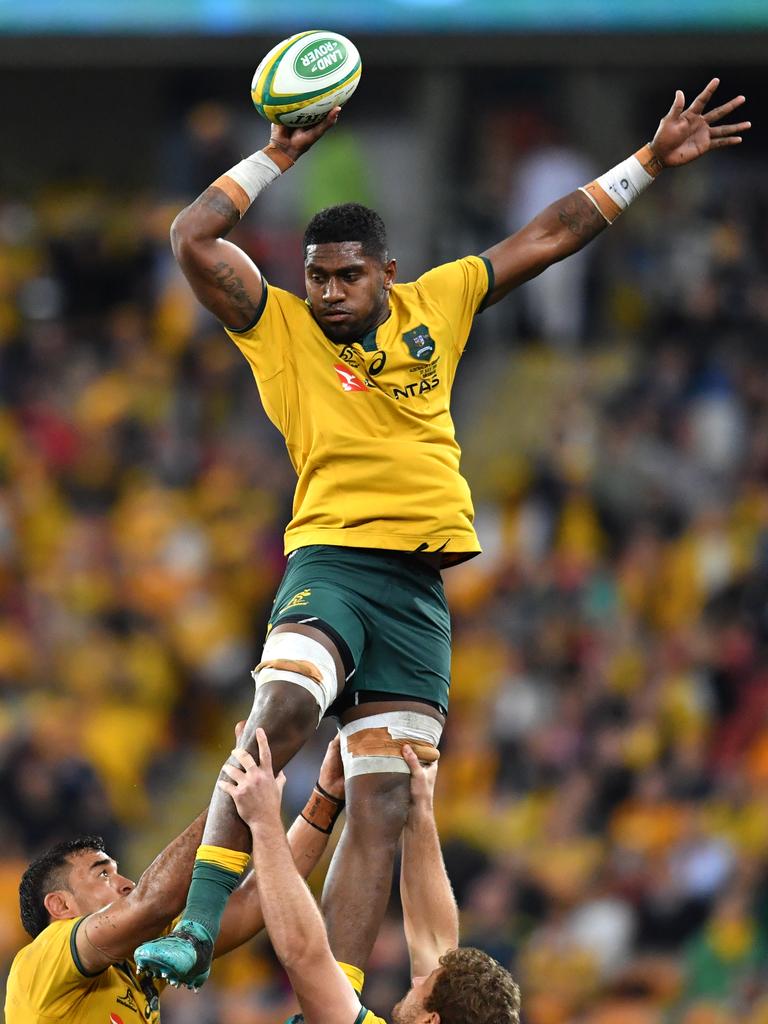 Isi Naisarani of the Wallabies in action in the lineout.