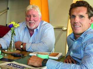 HARD AT WORK: Tony Rich and Nick Dowling, of Colliers Sunshine Coast, discuss the business merger over coffee at Glass in Cotton Tree. Picture: Erle Levey