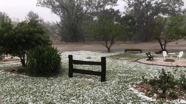 SOCIAL MEDIA IMAGE DISCUSS USE WITH YOUR EDITOR – The property called "Kerwee", located 2hrs west of Bundaberg was coated in hailstones. Supplied: Trudie Payne