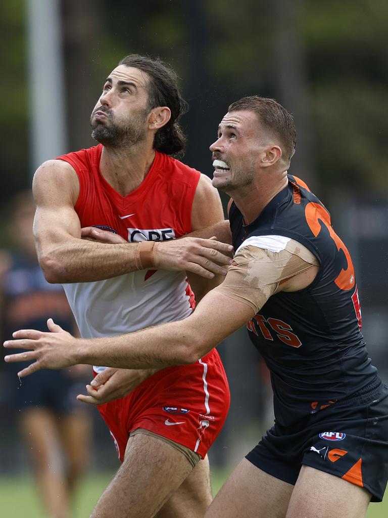 Brodie Grundy and Kieren Briggs go toe-to-toe in their sides’ practice match on Thursday. Picture: Phil Hillyard