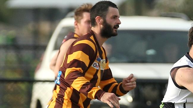 RDFL footy: Melton Centrals v Woodend-Hesket: Jarrod Johns of Melton Centrals kicks forwardSaturday, May 1, 2021, in Harkness, Victoria, Australia. Picture: Hamish Blair