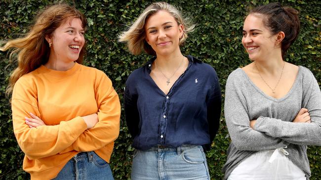 Young people like Kate Pickard, Lauren McGrath-Wild and Sophie Bell (L-R) have grown up with dating apps. Picture: Toby Zerna