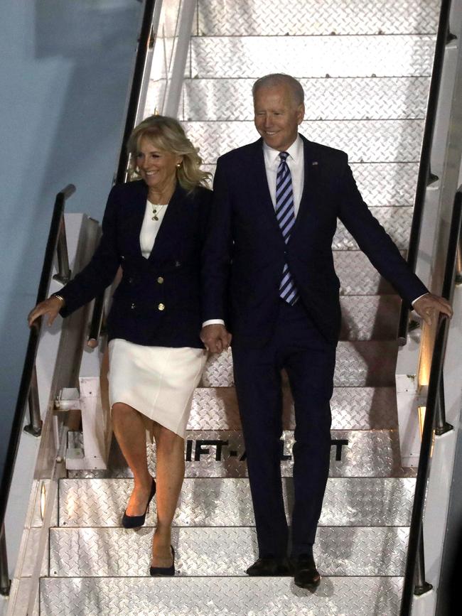 US President Joe Biden and wife Jill arrive at Cornwall Airport near Newquay, England, England. Picture: Getty Images