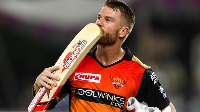 Sunrisers Hyderabad cricketer David Warner gestures as he walks back to the pavilion during the 2019 Indian Premier League (IPL) Twenty20 cricket match between Sunrisers Hyderabad and Kings XI Punjab at the Rajiv Gandhi International Cricket Stadium in Hyderabad on April 29, 2019. (Photo by NOAH SEELAM / AFP) / ----IMAGE RESTRICTED TO EDITORIAL USE - STRICTLY NO COMMERCIAL USE-----