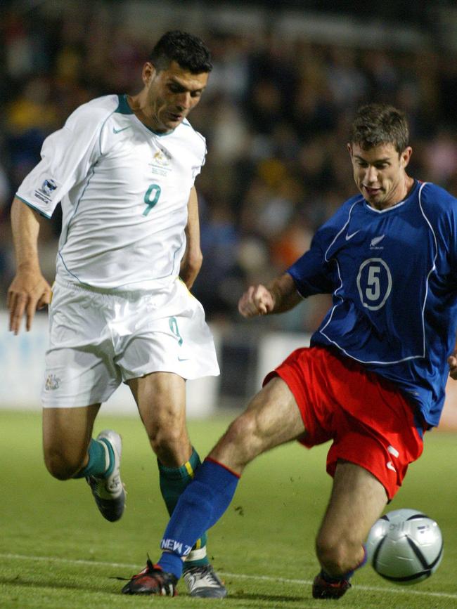 SA Socceroo John Aloisi and New Zealand’s Che Bunce during an OFC 2006 FIFA World Cup qualifier/Nations Cup match at Hindmarsh Stadium in a 1-0 win for Australia in 2004. The Socceroos last played at Hindmarsh, a 2-2 draw with Solomon Islands, at the same tournament on June 6.