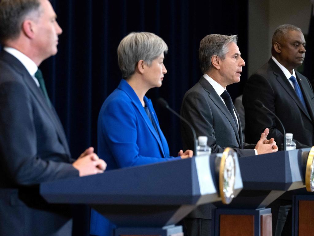 Deputy Prime Minister and Minister for Defence Richard Marles, Foreign Minister Penny Wong, US Secretary of State Antony Blinken and US Secretary of Defence Lloyd Austin. Picture: AFP