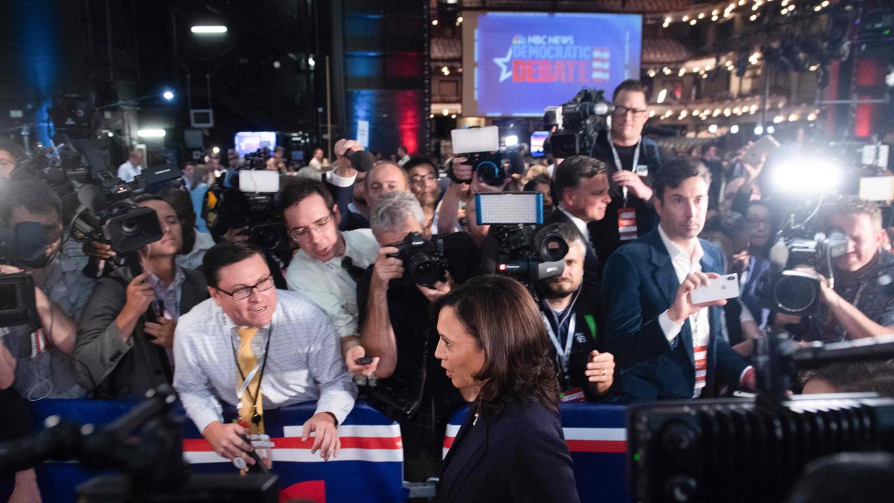 Kamala Harris speaks to the press in the Spin Room after participating in the second Democratic primary debate of the 2020 presidential campaign season. Picture: SaulLoeb/ AFP.