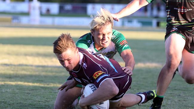 Rugby League Gold Coast A-Grade Round 2 - Burleigh Bears vs. Helensvale Hornets at Pizzey Park. Ryan Wescombe scoring a try. 16 May 2021 Miami Picture by Richard Gosling