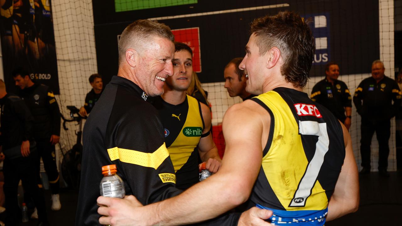 Damien Hardwick celebrates with Liam Baker post-game. Picture: Michael Willson/AFL Photos via Getty Images