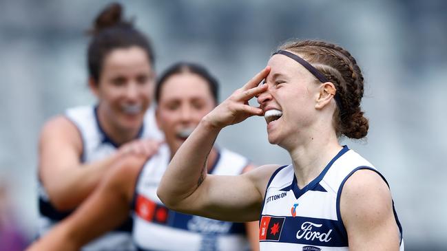 Geelong’s Mikayla Bowen celebrates her goal in the second quarter. Picture: Michael Willson/AFL Photos via Getty Images