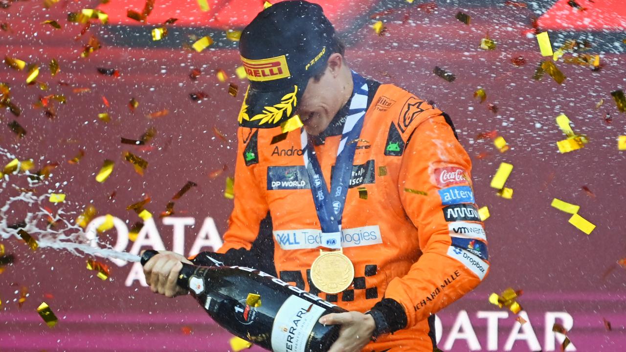 Oscar Piastri celebrates winning the Azerbaijan Grand Prix.