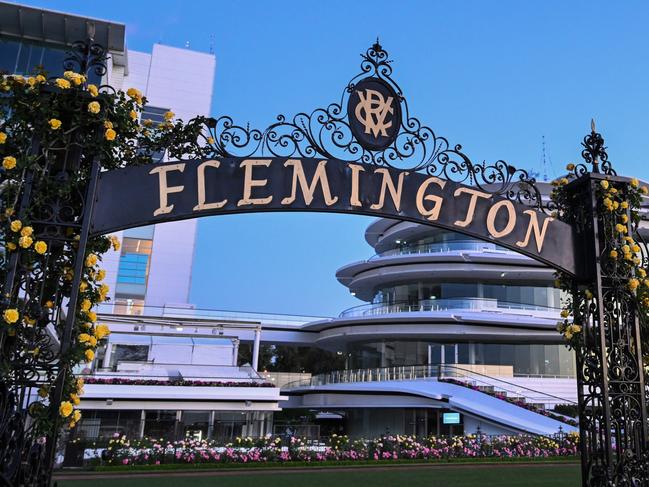 MELBOURNE, AUSTRALIA - OCTOBER 31: General view of the Flemington archway during Derby Day Breakfast With The Best gallops at Flemington Racecourse on October 31, 2023 in Melbourne, Australia. (Photo by Vince Caligiuri/Getty Images)